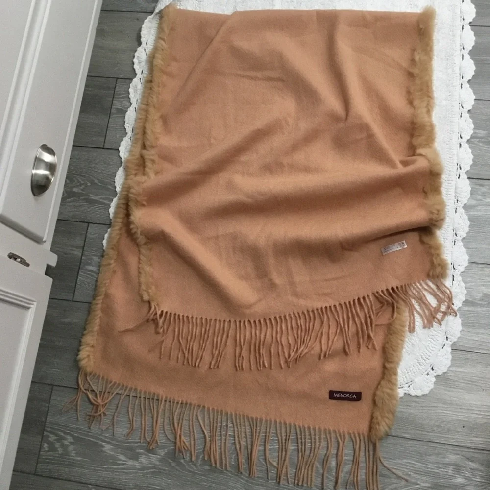 Wool Cashmere Wrap with Rabbit Fur Trim MENORCA aprox 66X20